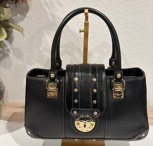 MetroCity Italy Black Embossed Handbag Gold Tone M Logo Hardware